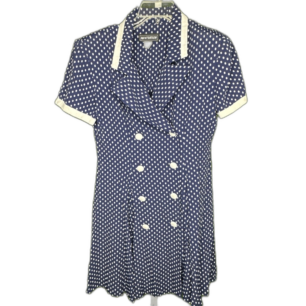 Infatuation Vintage Classy Navy Dress ~ Sz 12 ~ Short Sleeve ~ Polka Dots